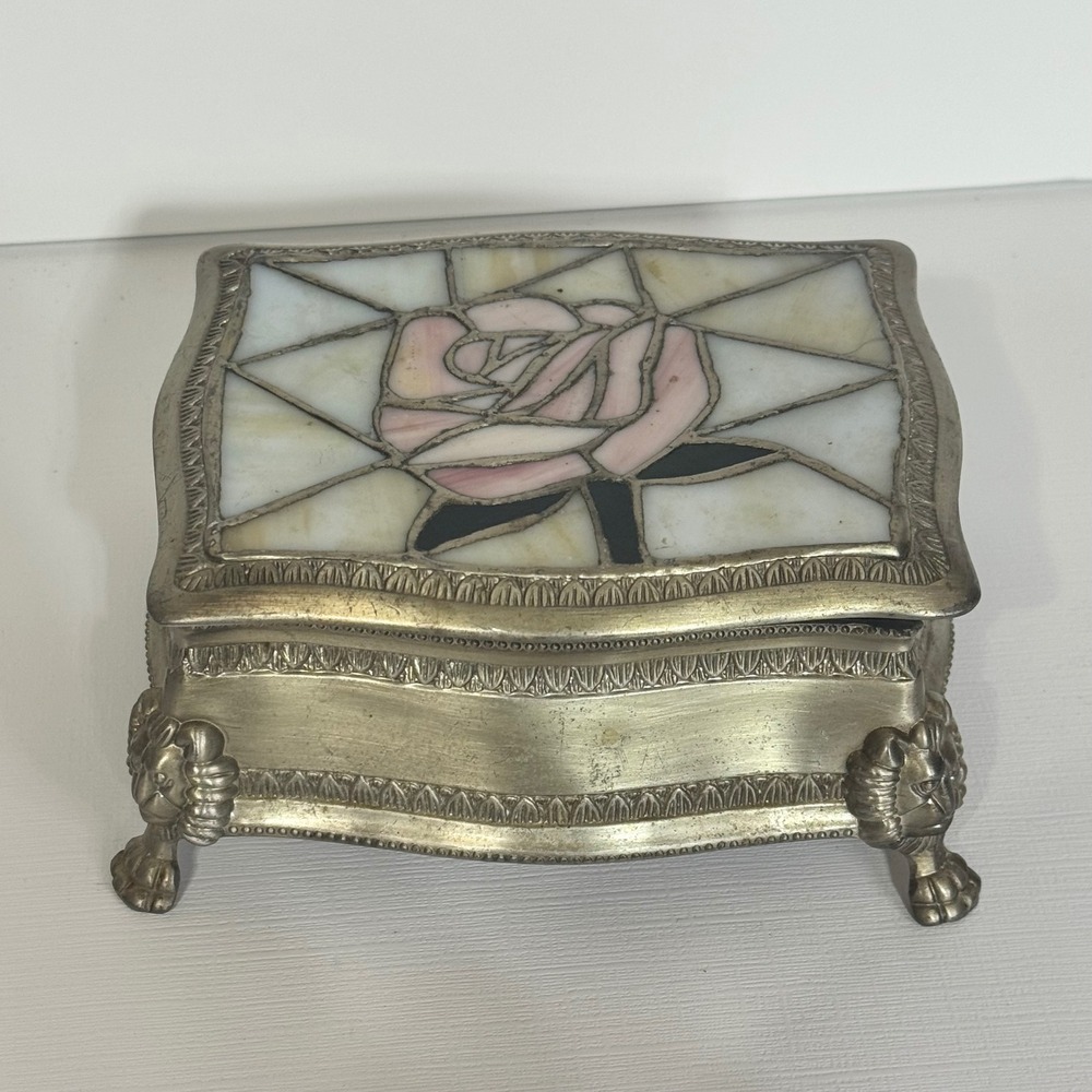 Vintage style stained glass rose jewelry trinket box silver tone lion feet